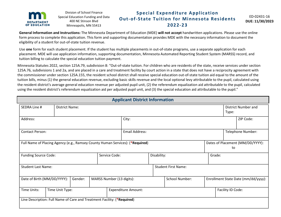 Form ED-02431-16 Special Expenditure Application - out -of-State Tuition for Minnesota Residents - Minnesota, Page 1