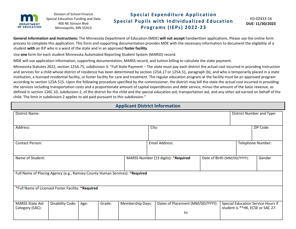 Form ED-02433-16 Special Expenditure Application - Special Pupils With Individualized Education Programs (Ieps) - Minnesota, Page 1
