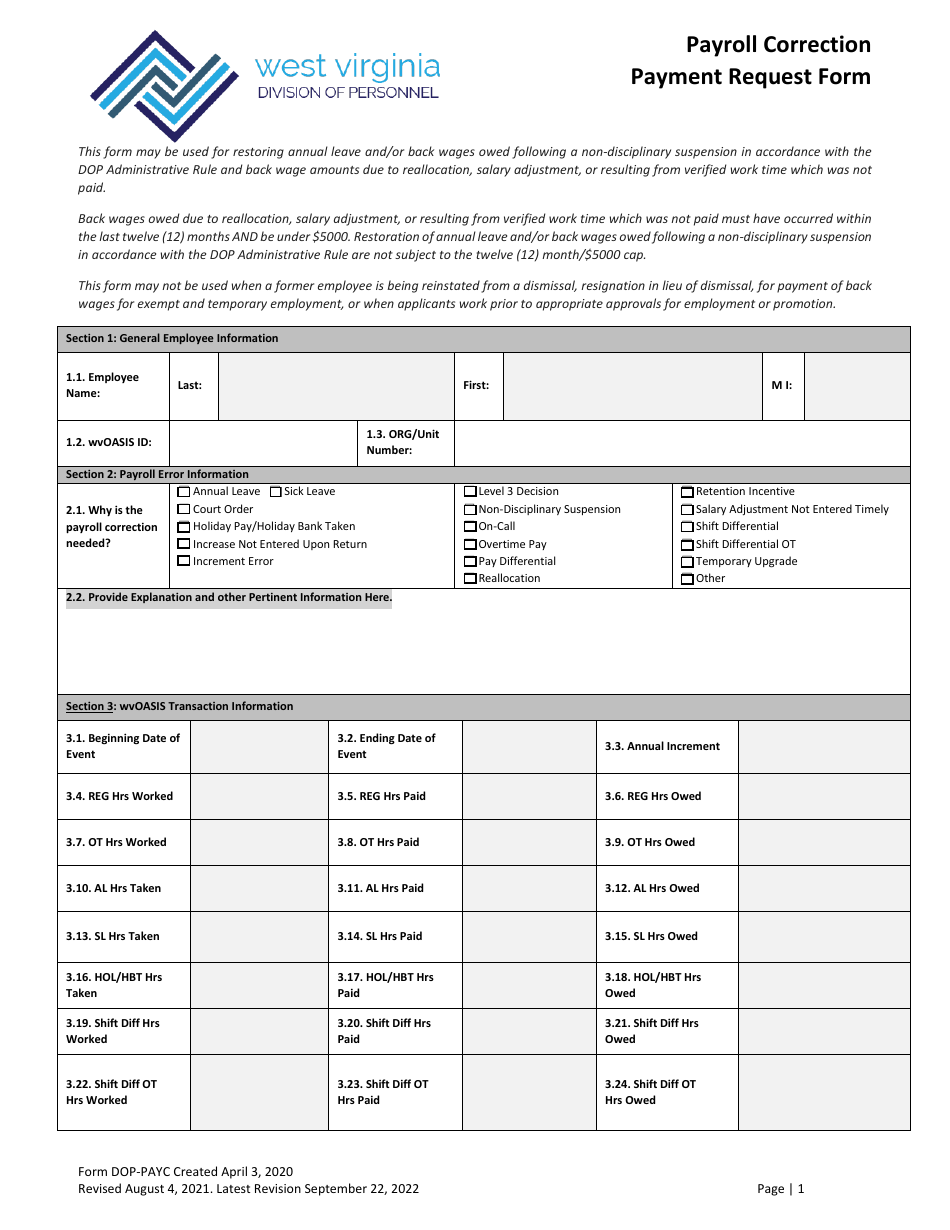 Form DOP-PAYC Payroll Correction Payment Request Form - West Virginia, Page 1