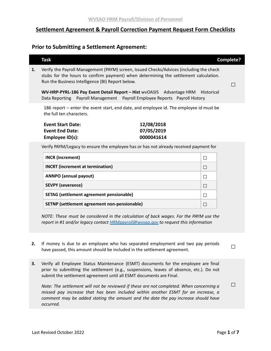 Settlement Agreement  Payroll Correction Payment Request Form Checklists - West Virginia, Page 1