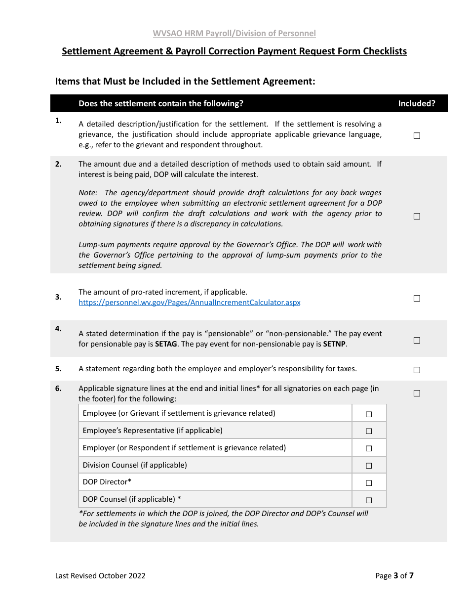 West Virginia Settlement Agreement & Payroll Correction Payment Request ...