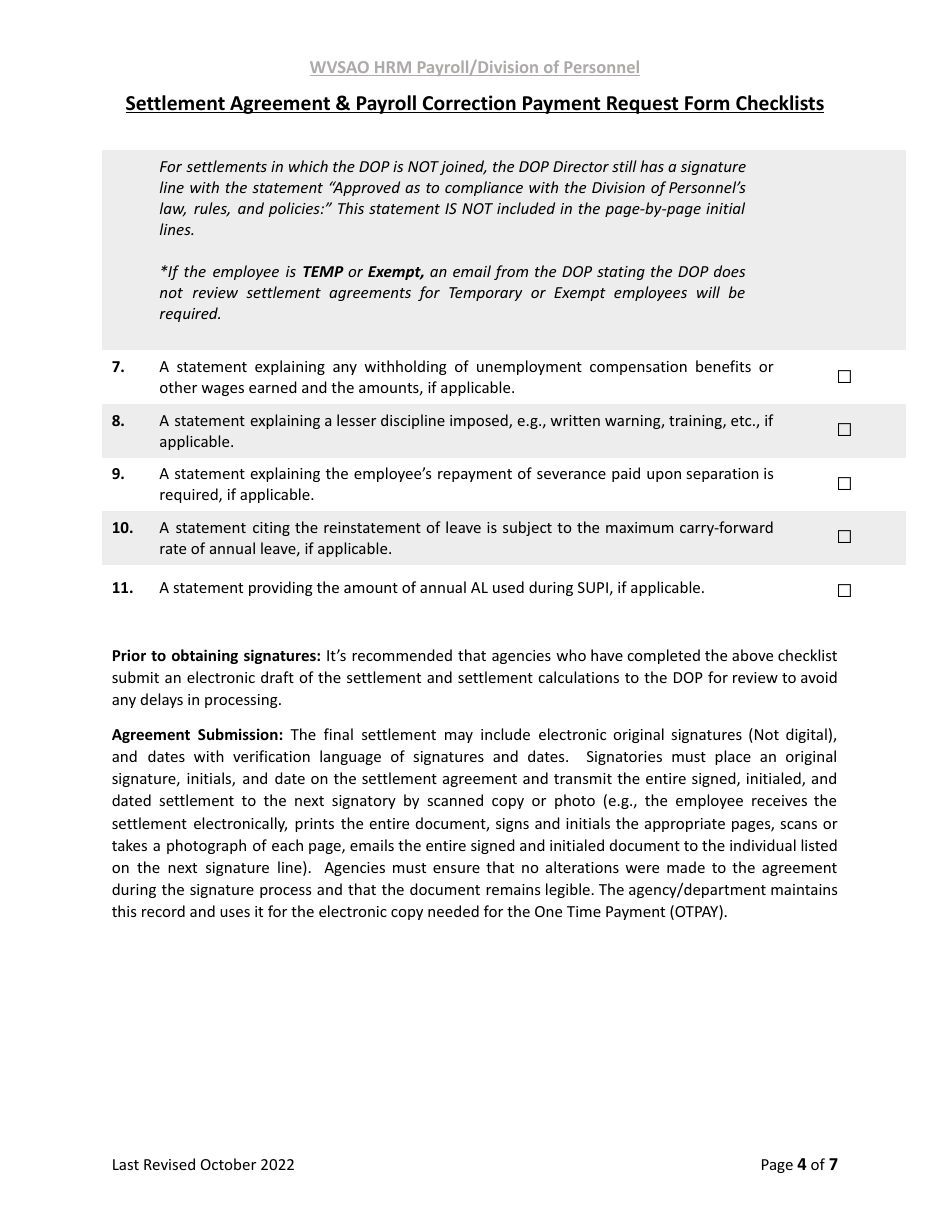 West Virginia Settlement Agreement Payroll Correction Payment Request