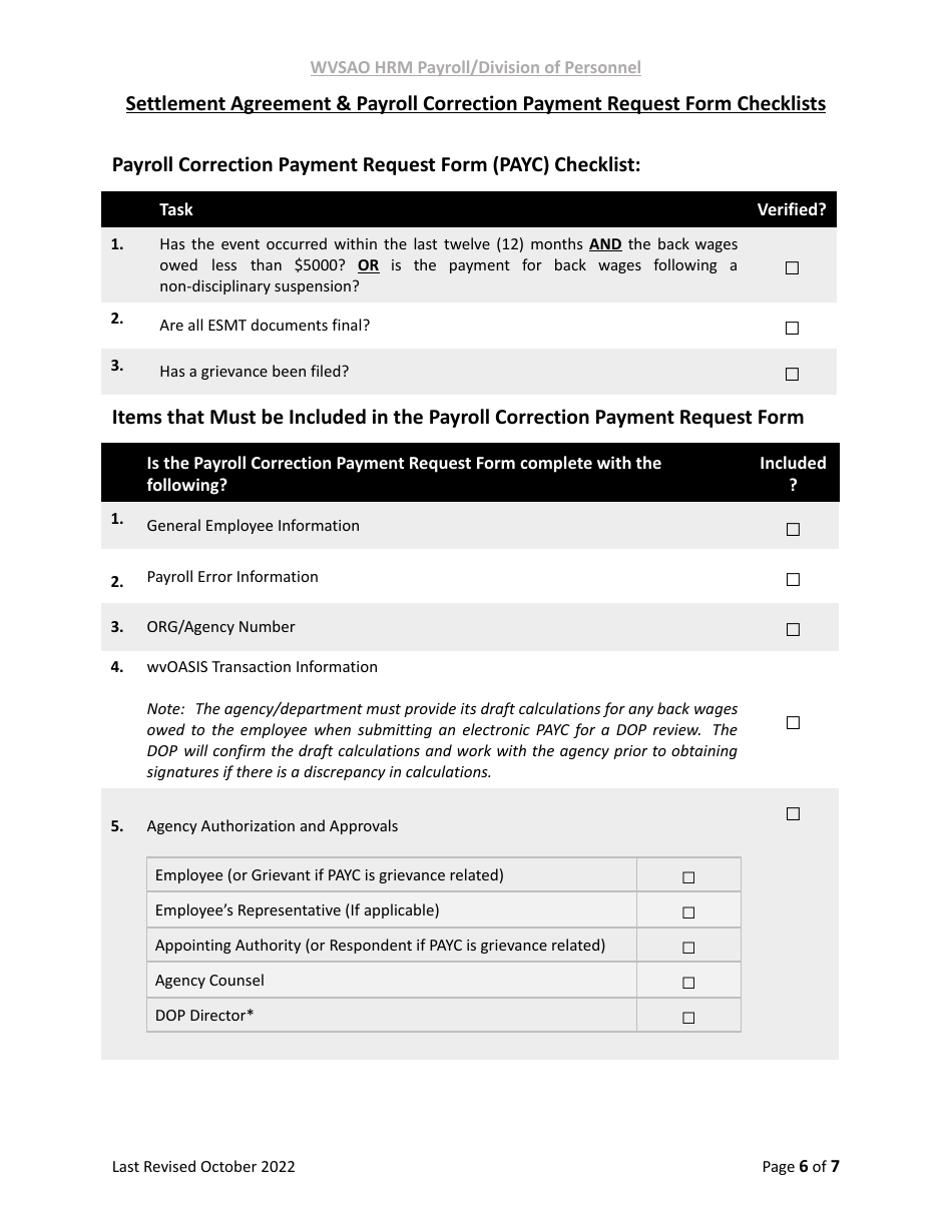 Settlement Agreement  Payroll Correction Payment Request Form Checklists - West Virginia, Page 6
