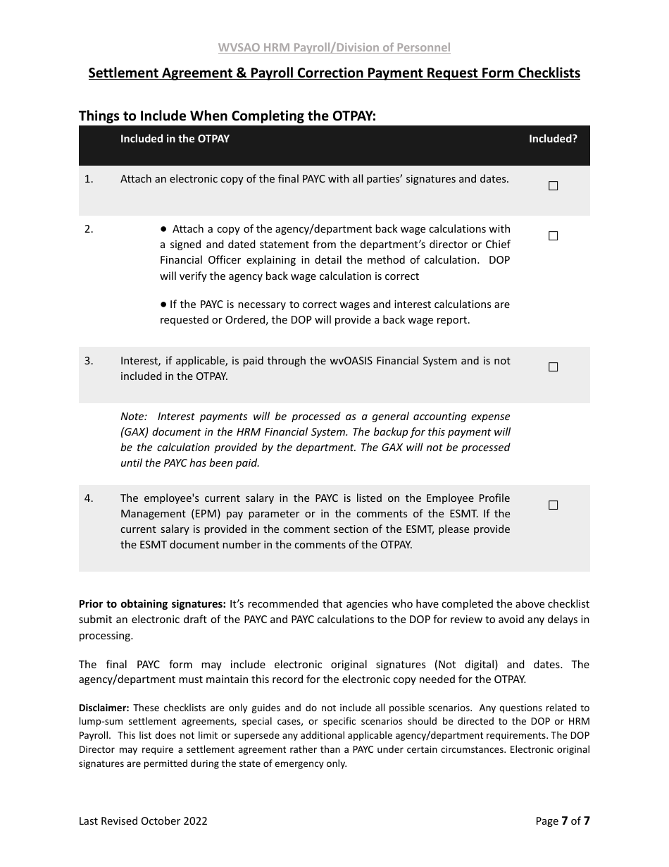 West Virginia Settlement Agreement & Payroll Correction Payment Request 