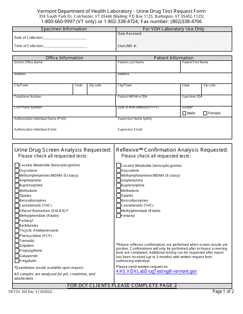Form ORTOX203 Urine Drug Test Request Form - Vermont
