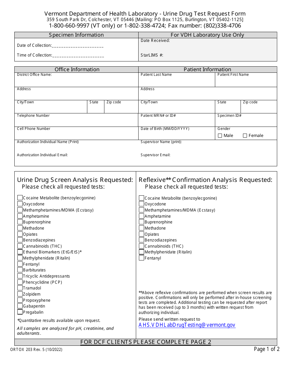 Form ORTOX203 Urine Drug Test Request Form - Vermont, Page 1