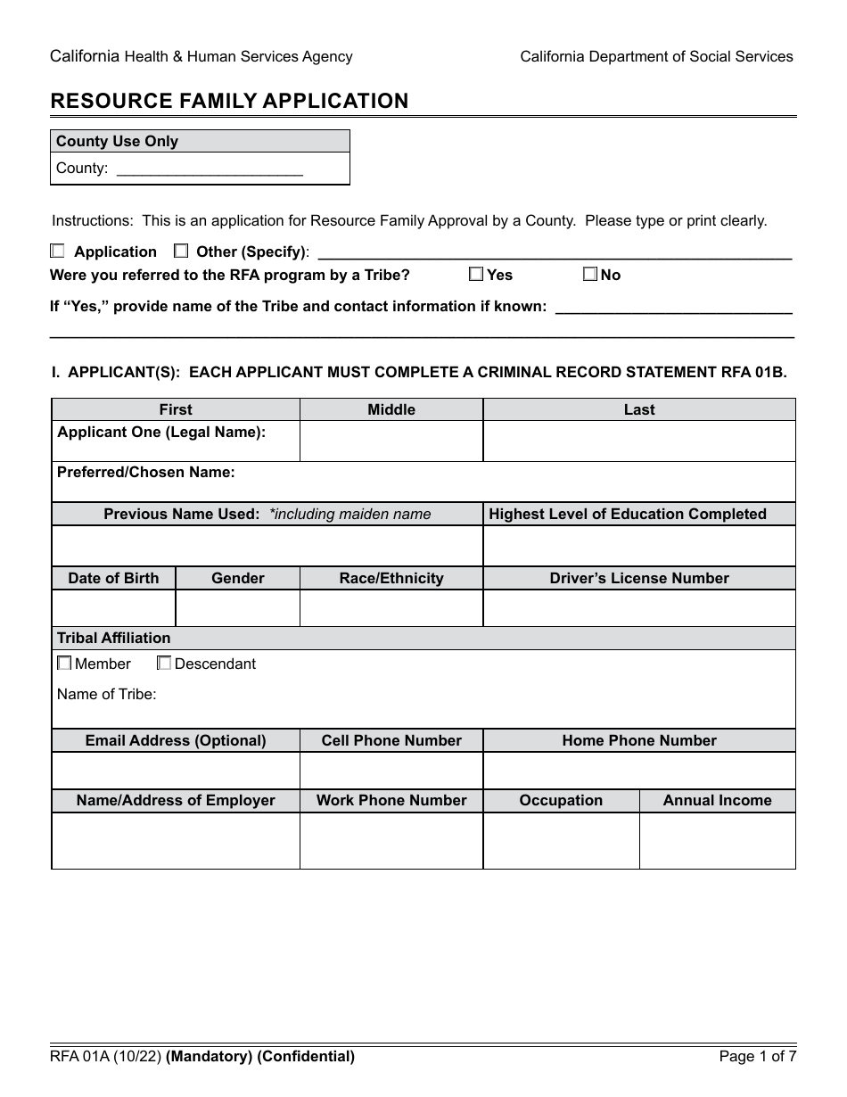 Form RFA01A Resource Family Application - California, Page 1
