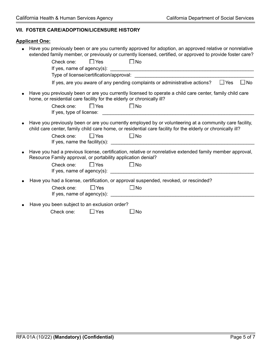 Form RFA01A Resource Family Application - California, Page 5