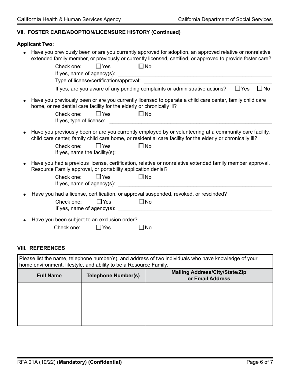 Form RFA01A Resource Family Application - California, Page 6