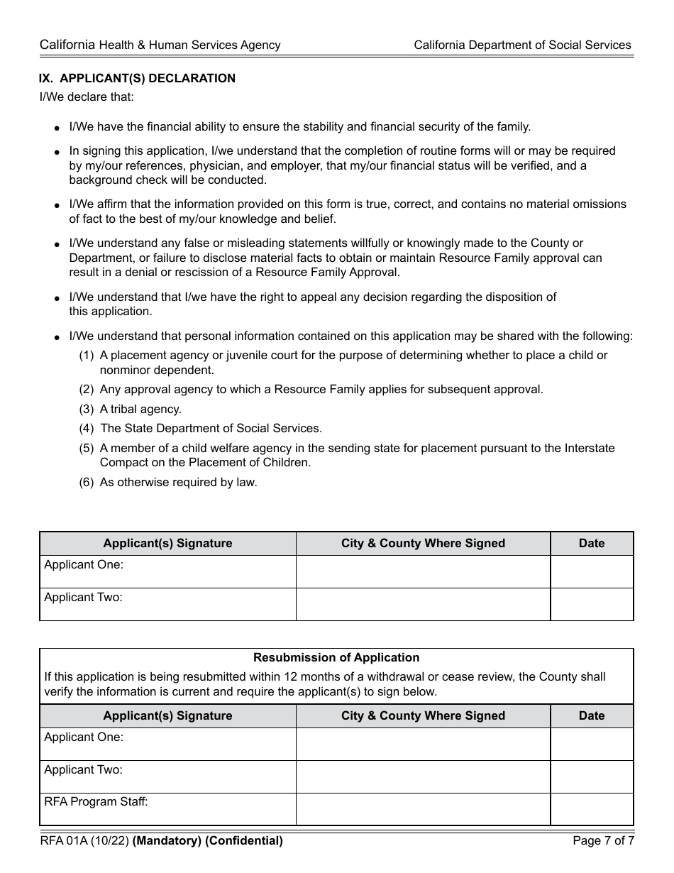 Form RFA01A Resource Family Application - California, Page 7