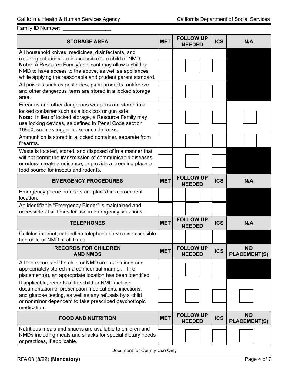 Form RFA03 Resource Family Home Health and Safety Assessment Checklist - California, Page 4
