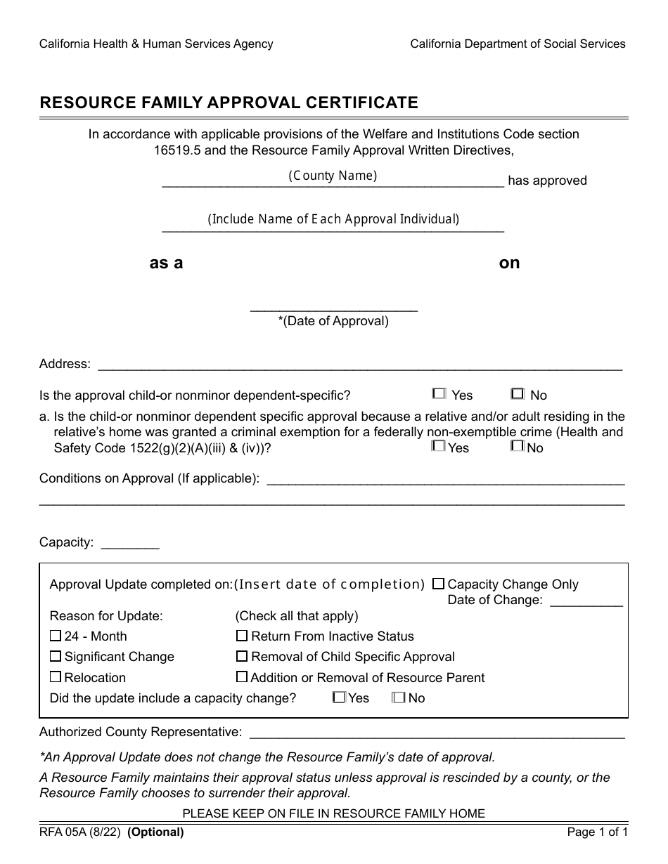 Form RFA05A Resource Family Approval Certificate - California, Page 1