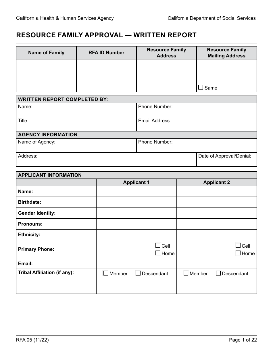Form RFA05 Resource Family Approval - Written Report - California, Page 1