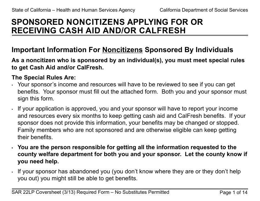 Form SAR22LP Sponsored Noncitizens Applying for or Receiving Cash Aid and/or CalFresh - Large Print - California
