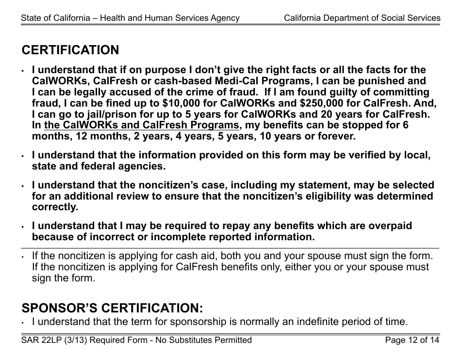 Form SAR22LP Sponsored Noncitizens Applying for or Receiving Cash Aid and / or CalFresh - Large Print - California, Page 12