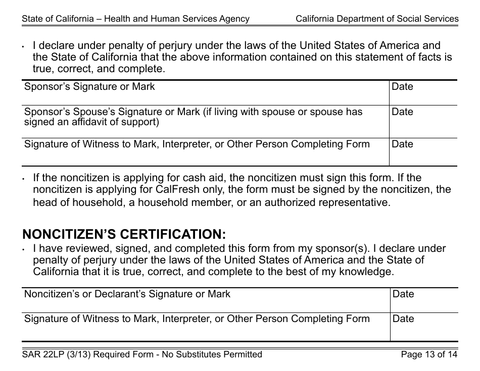 Form SAR22LP Sponsored Noncitizens Applying for or Receiving Cash Aid and / or CalFresh - Large Print - California, Page 13