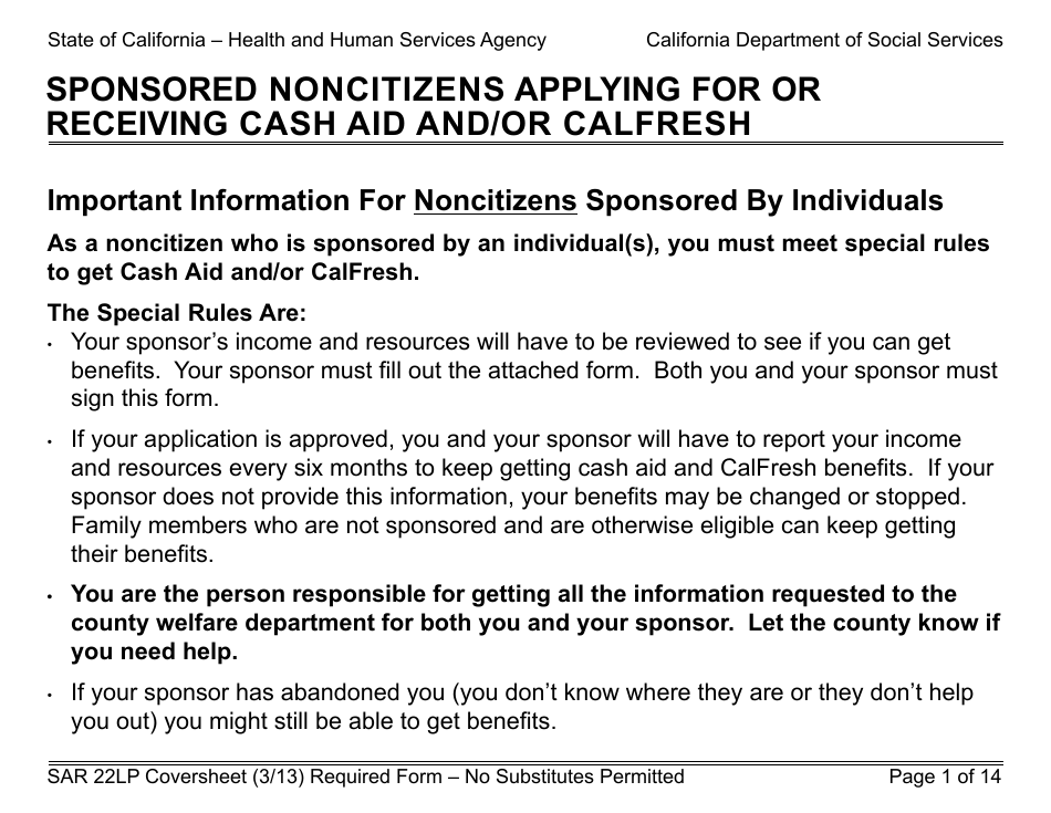 Form SAR22LP Sponsored Noncitizens Applying for or Receiving Cash Aid and / or CalFresh - Large Print - California, Page 1