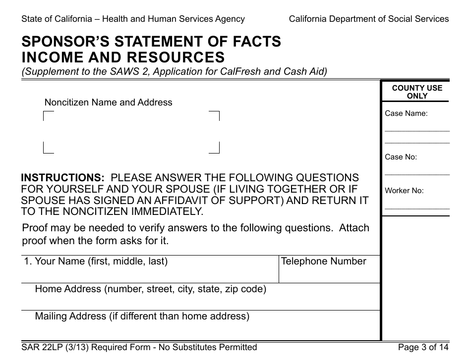 Form SAR22LP Sponsored Noncitizens Applying for or Receiving Cash Aid and / or CalFresh - Large Print - California, Page 3