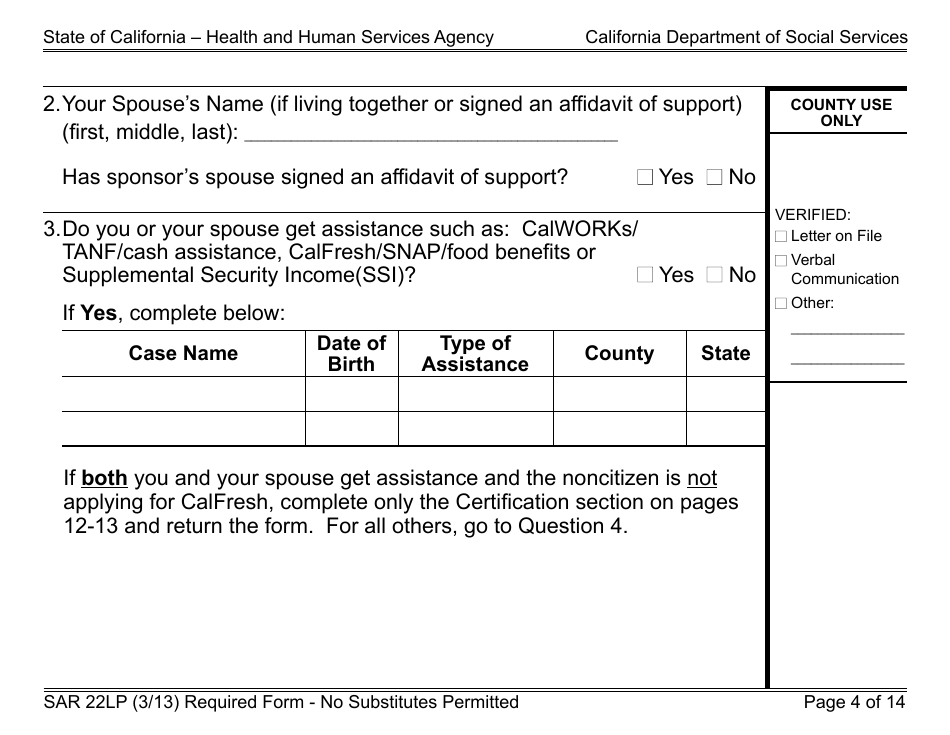 Form SAR22LP Sponsored Noncitizens Applying for or Receiving Cash Aid and / or CalFresh - Large Print - California, Page 4