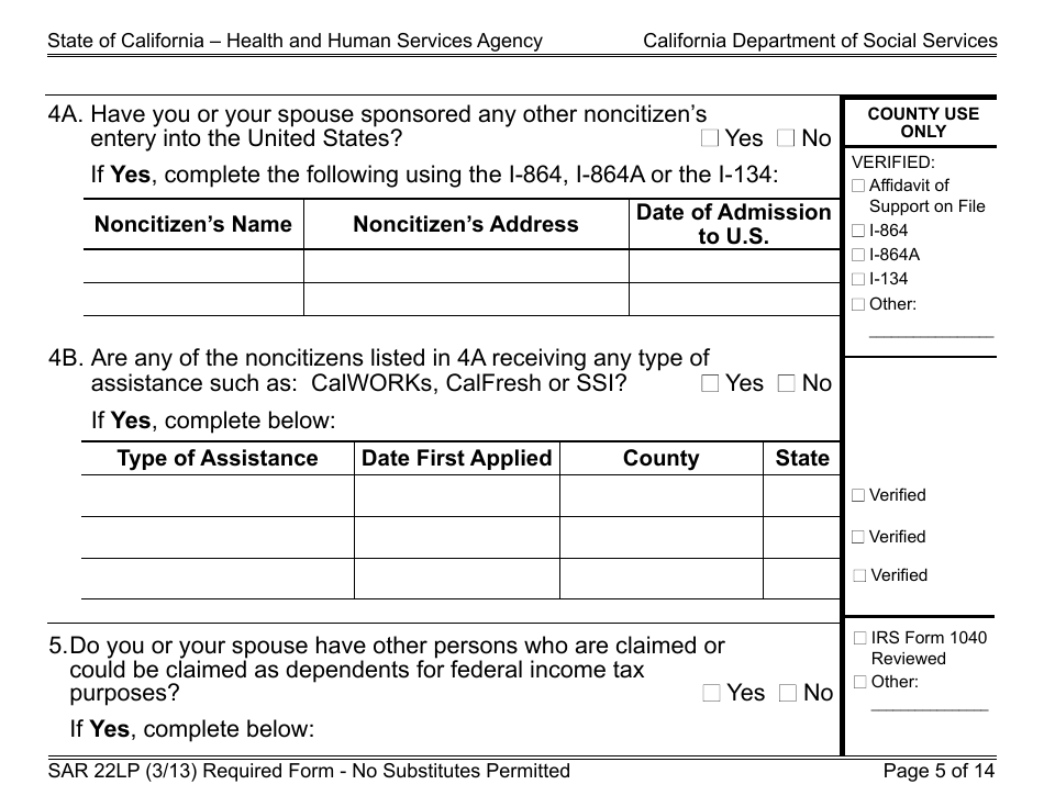 Form SAR22LP Sponsored Noncitizens Applying for or Receiving Cash Aid and / or CalFresh - Large Print - California, Page 5
