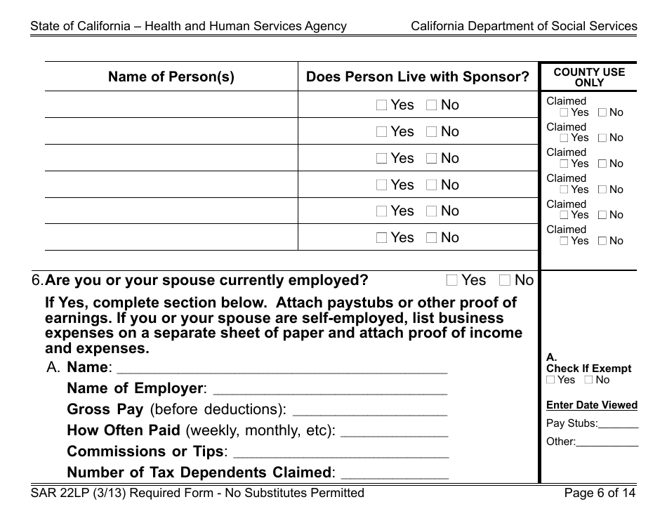 Form SAR22LP Sponsored Noncitizens Applying for or Receiving Cash Aid and / or CalFresh - Large Print - California, Page 6
