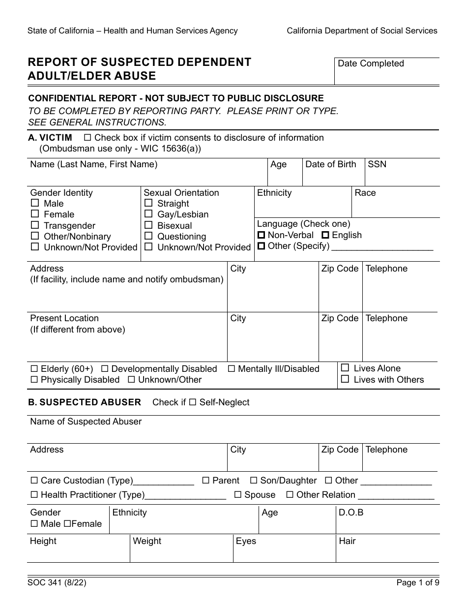 Form SOC341 Report of Suspected Dependent Adult/Elder Abuse - California, Page 1