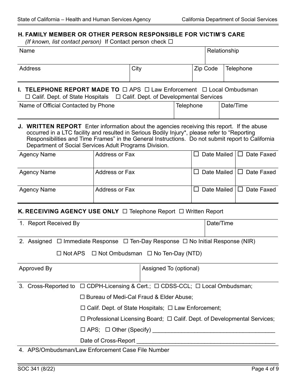 Form SOC341 Report of Suspected Dependent Adult / Elder Abuse - California, Page 4