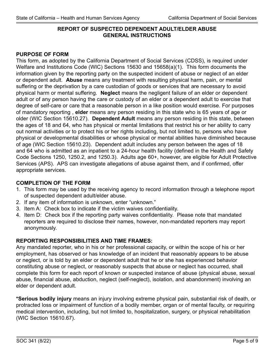 Form SOC341 Report of Suspected Dependent Adult / Elder Abuse - California, Page 5