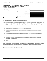 Document preview: Form SOC849 In-home Supportive Services Program Notice of Incomplete Provider Enrollment Form - California