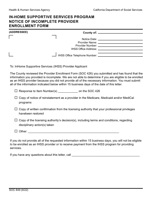 Form SOC849 In-home Supportive Services Program Notice of Incomplete Provider Enrollment Form - California