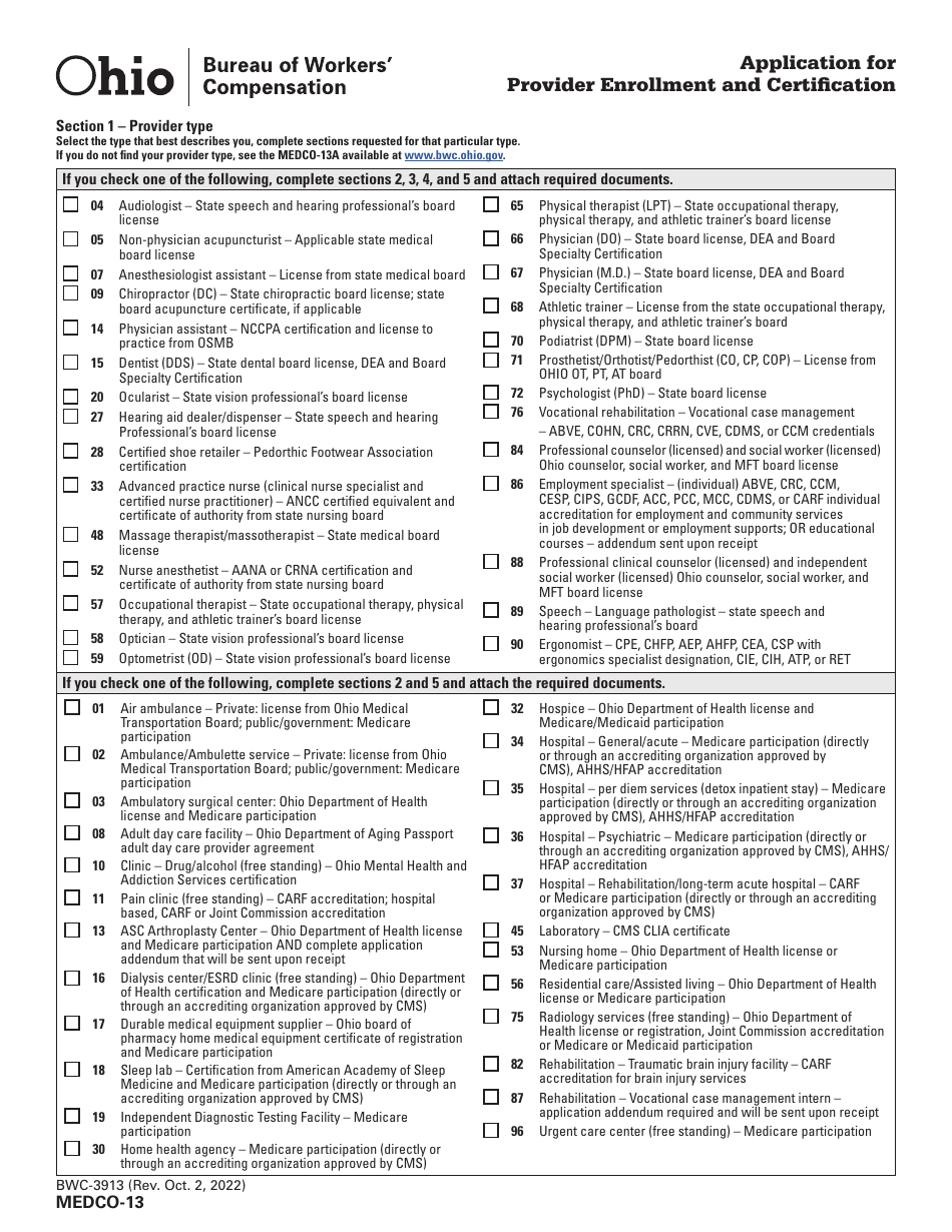 Form MEDCO-13 (BWC-3913) Application for Provider Enrollment and Certification - Ohio, Page 2
