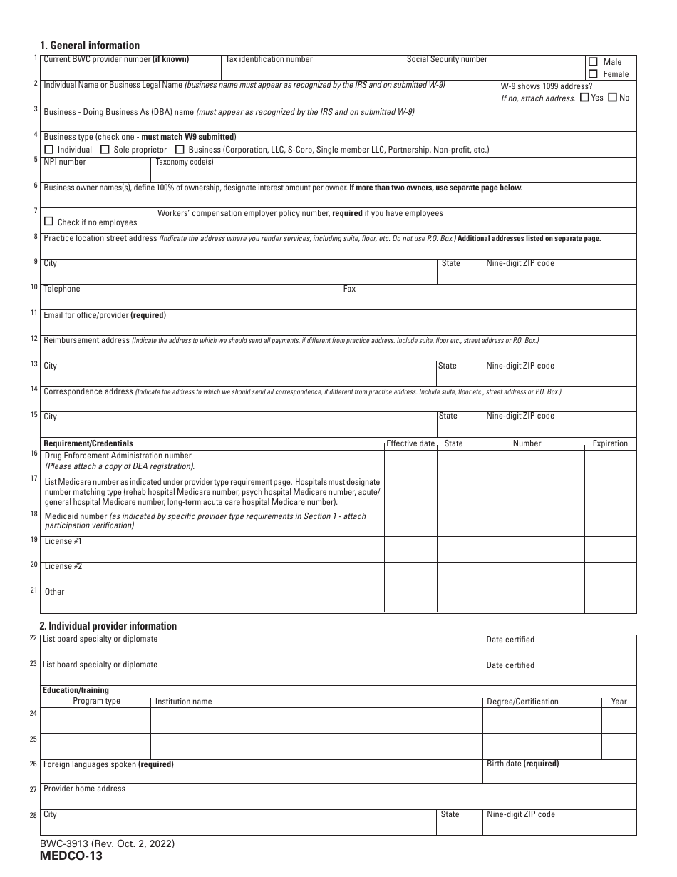 Form MEDCO-13 (BWC-3913) Application for Provider Enrollment and Certification - Ohio, Page 3