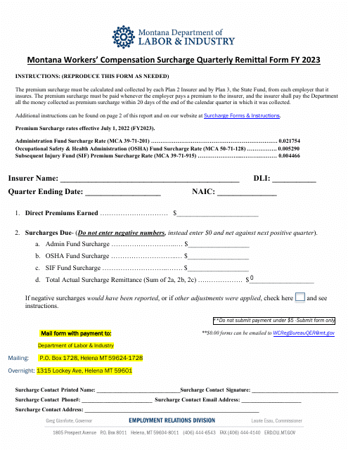 Montana Workers&#039; Compensation Surcharge Quarterly Remittal Form - Montana, 2023