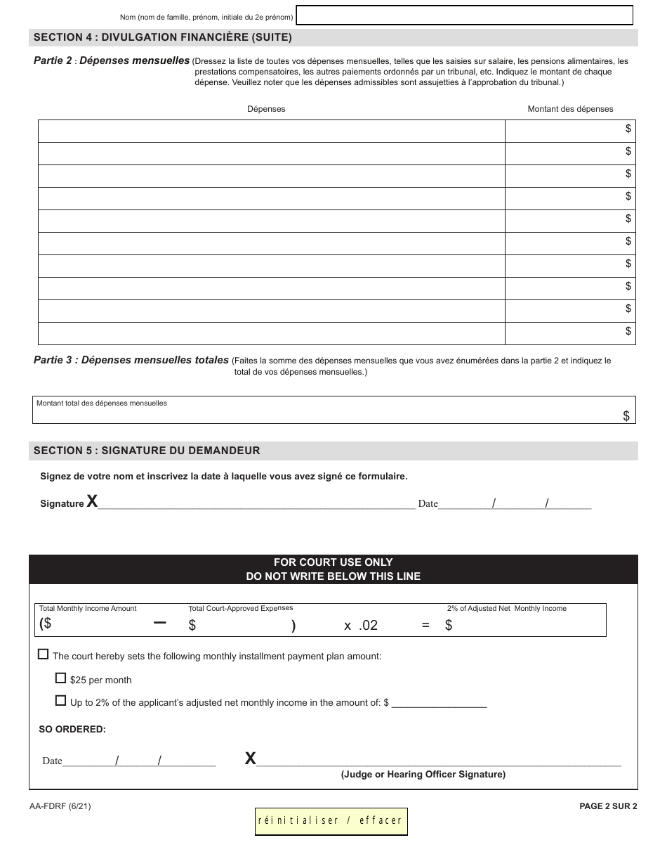 Form AA-FDRF Financial Disclosure Report for Payment Plans - New York (English / French), Page 2