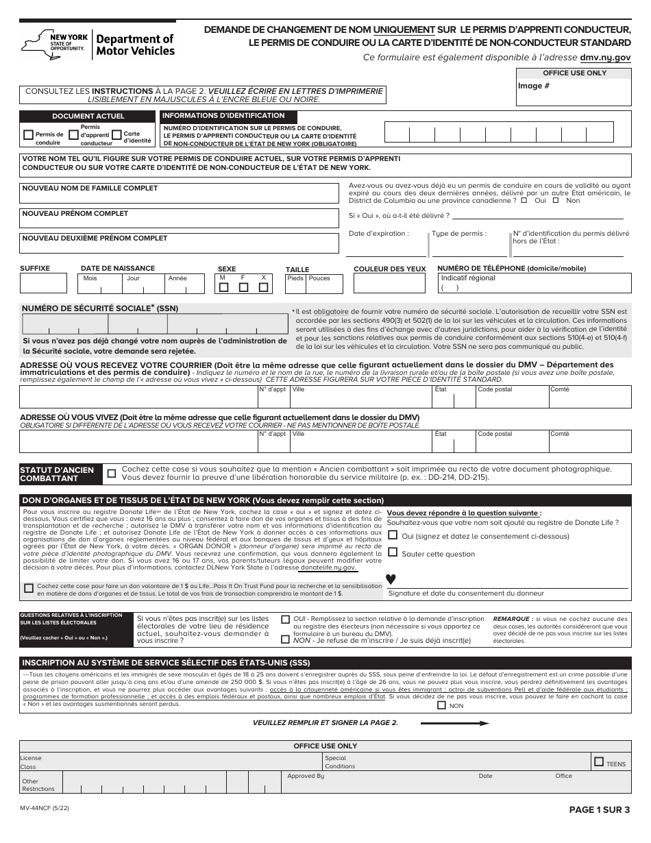 Form MV-44NCF Application for Name Change Only on Standard Permit, Driver License or Non-driver Id Card - New York (French), Page 1