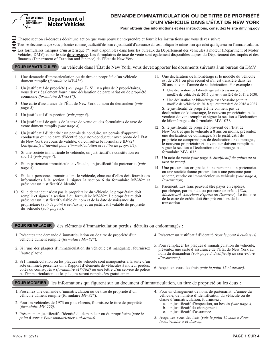 Instructions for Form MV-82F Vehicle Registration / Title Application - New York (French), Page 1