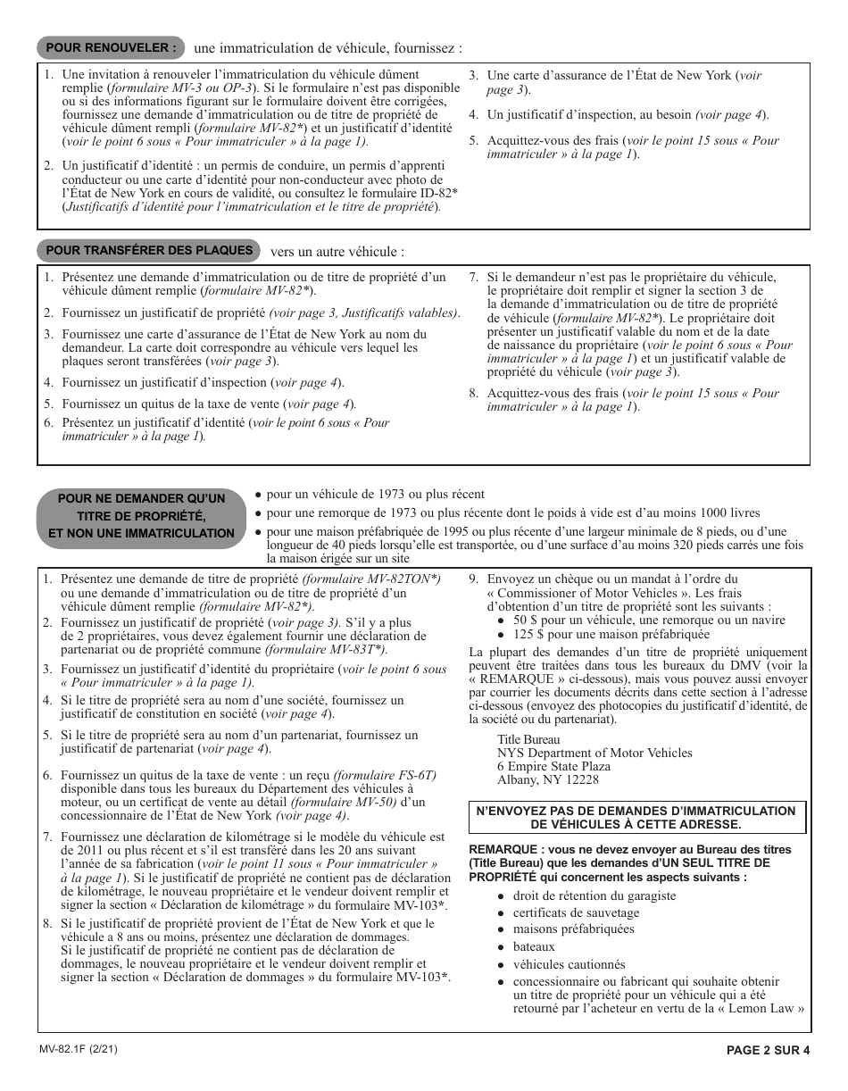 Instructions for Form MV-82F Vehicle Registration / Title Application - New York (French), Page 2