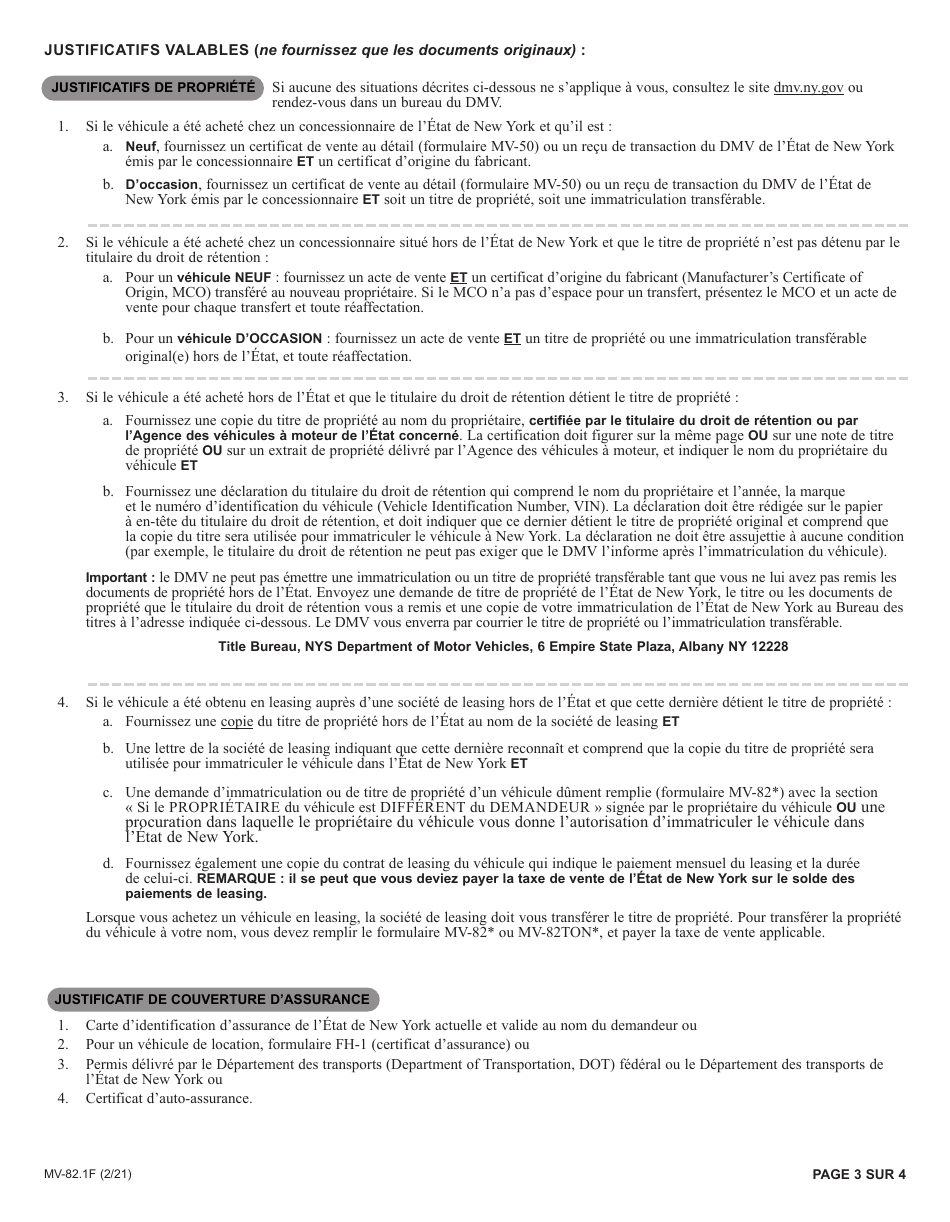 Instructions for Form MV-82F Vehicle Registration / Title Application - New York (French), Page 3