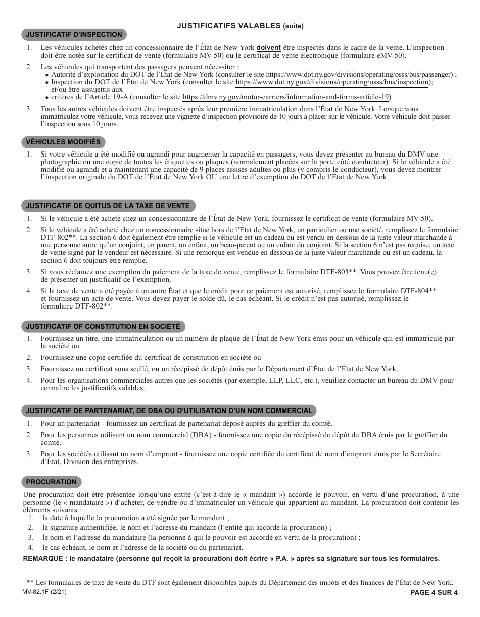 Instructions for Form MV-82F Vehicle Registration / Title Application - New York (French), Page 4