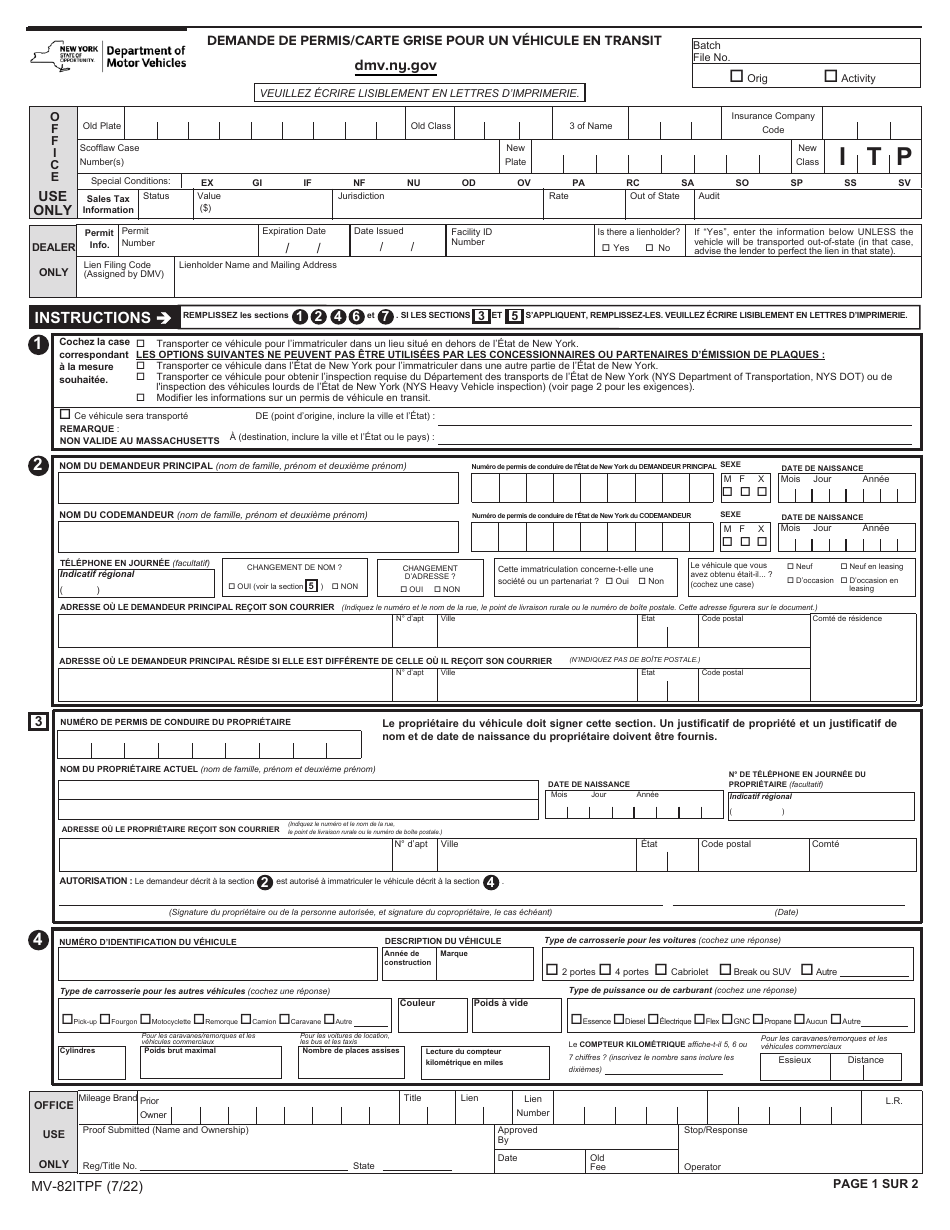 Form MV-82ITPF In-transit Permit / Title Application - New York (French), Page 1