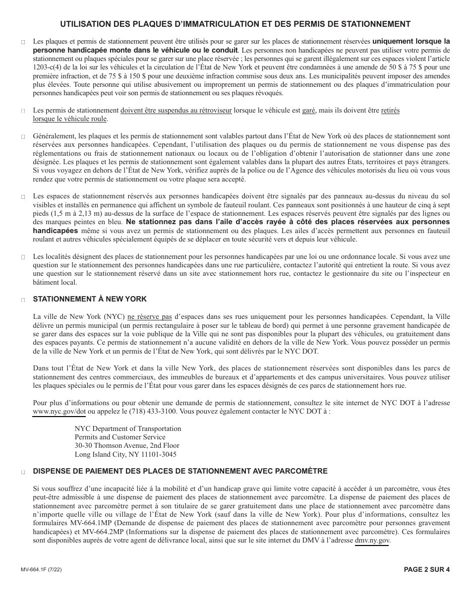 Form MV-664.1F Application for a Parking Permit or License Plates, Ifor Persons With Severe Disabilities - New York (French), Page 2