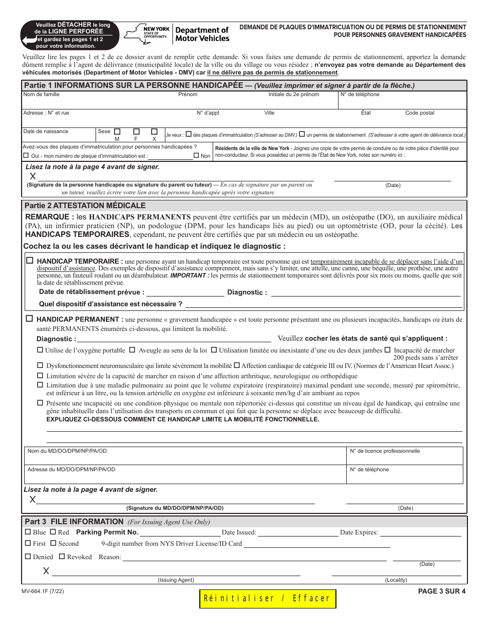Form MV-664.1F Application for a Parking Permit or License Plates, Ifor Persons With Severe Disabilities - New York (French), Page 3