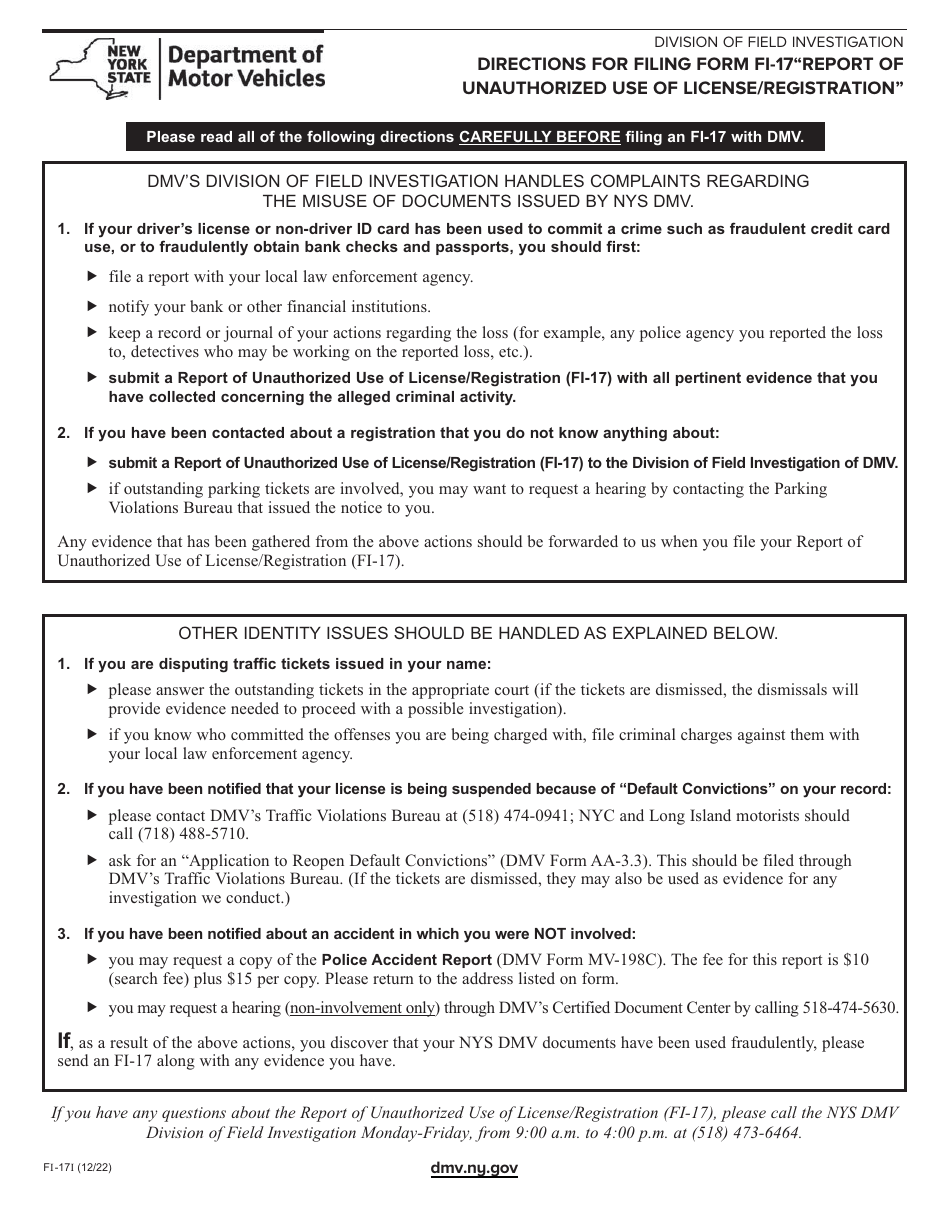 Form FI-17 Report of Unauthorized Use of License / Registration - New York, Page 1