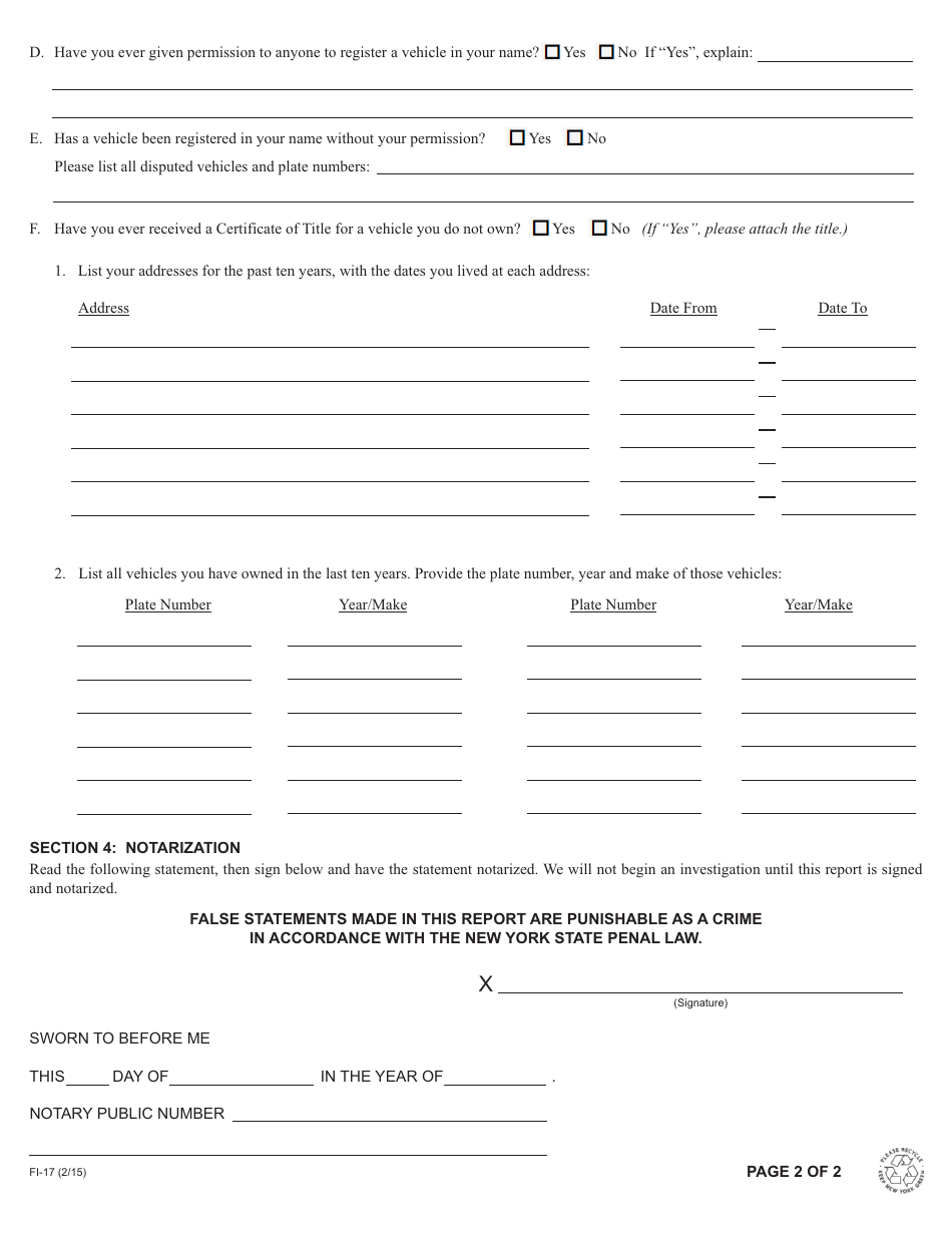 Form FI-17 Report of Unauthorized Use of License / Registration - New York, Page 3