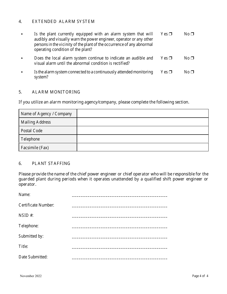 Form 1A Application to Operate a Guarded Plant Under Minimum or Periodic Supervision - Nova Scotia, Canada, Page 4