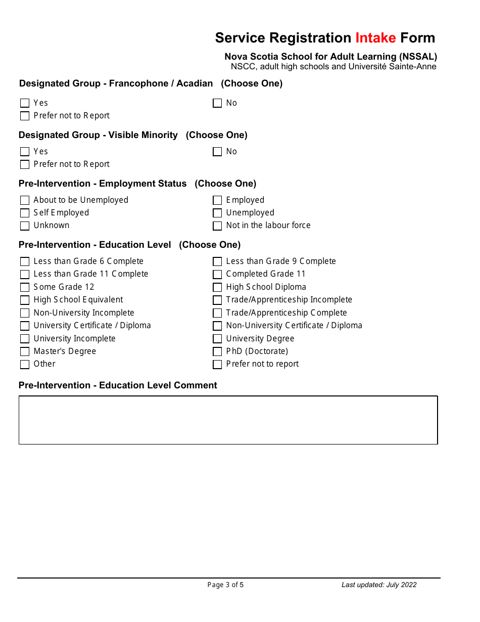 Service Registration Intake Form - Nova Scotia School for Adult Learning (Nssal) - Nscc, Adult High Schools and Universite Sainte-Anne - Nova Scotia, Canada, Page 3