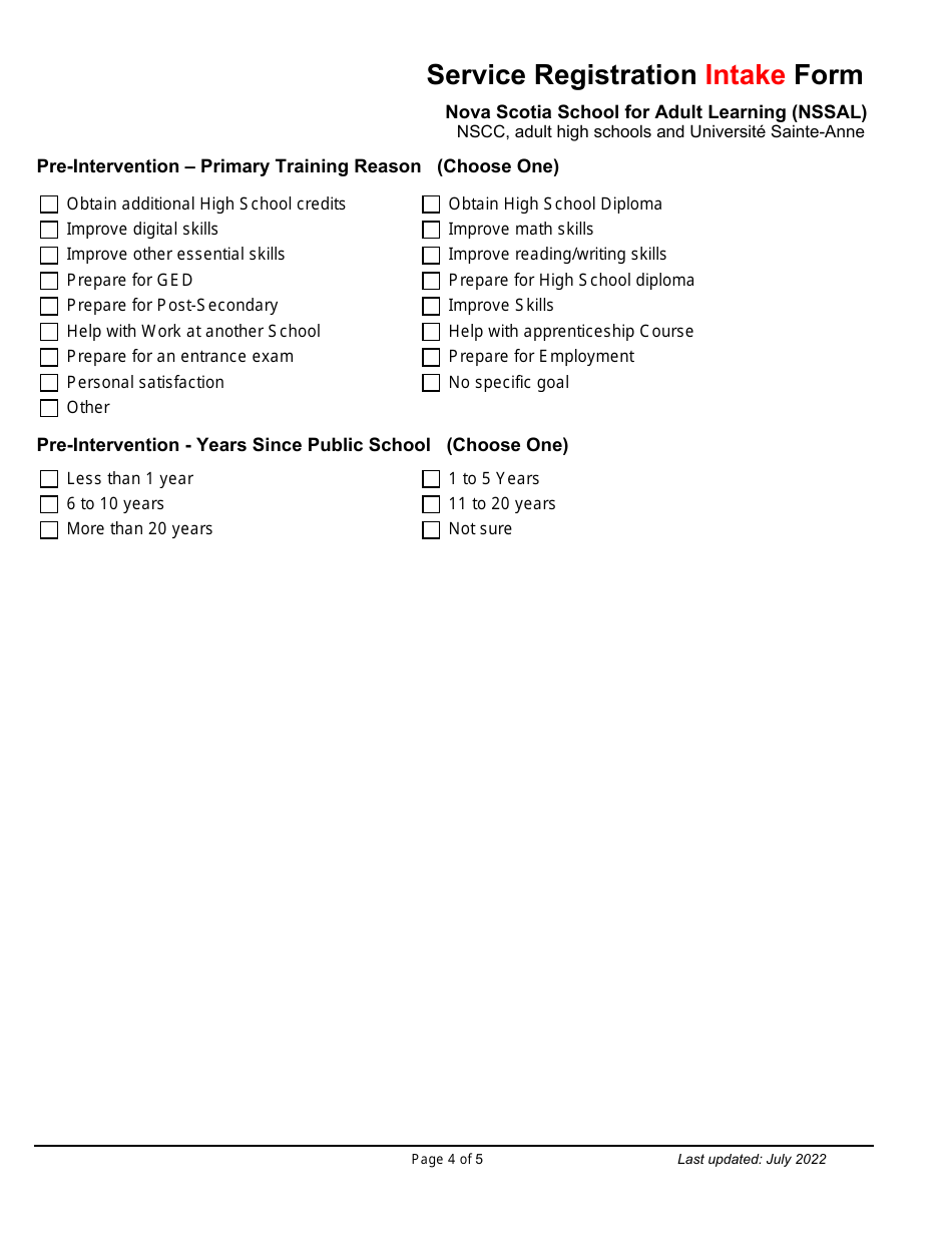 Service Registration Intake Form - Nova Scotia School for Adult Learning (Nssal) - Nscc, Adult High Schools and Universite Sainte-Anne - Nova Scotia, Canada, Page 4