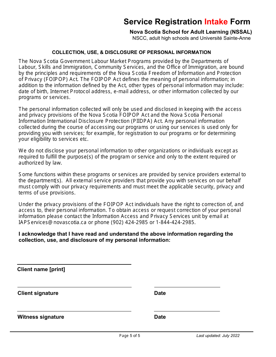 Service Registration Intake Form - Nova Scotia School for Adult Learning (Nssal) - Nscc, Adult High Schools and Universite Sainte-Anne - Nova Scotia, Canada, Page 5