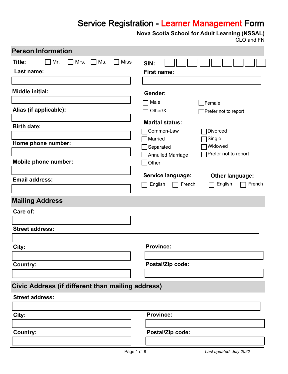 Service Registration - Learner Management Form - Nova Scotia School for Adult Learning (Nssal) - Clo and Fn - Nova Scotia, Canada, Page 1