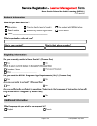 Service Registration - Learner Management Form - Nova Scotia School for Adult Learning (Nssal) - Clo and Fn - Nova Scotia, Canada, Page 2